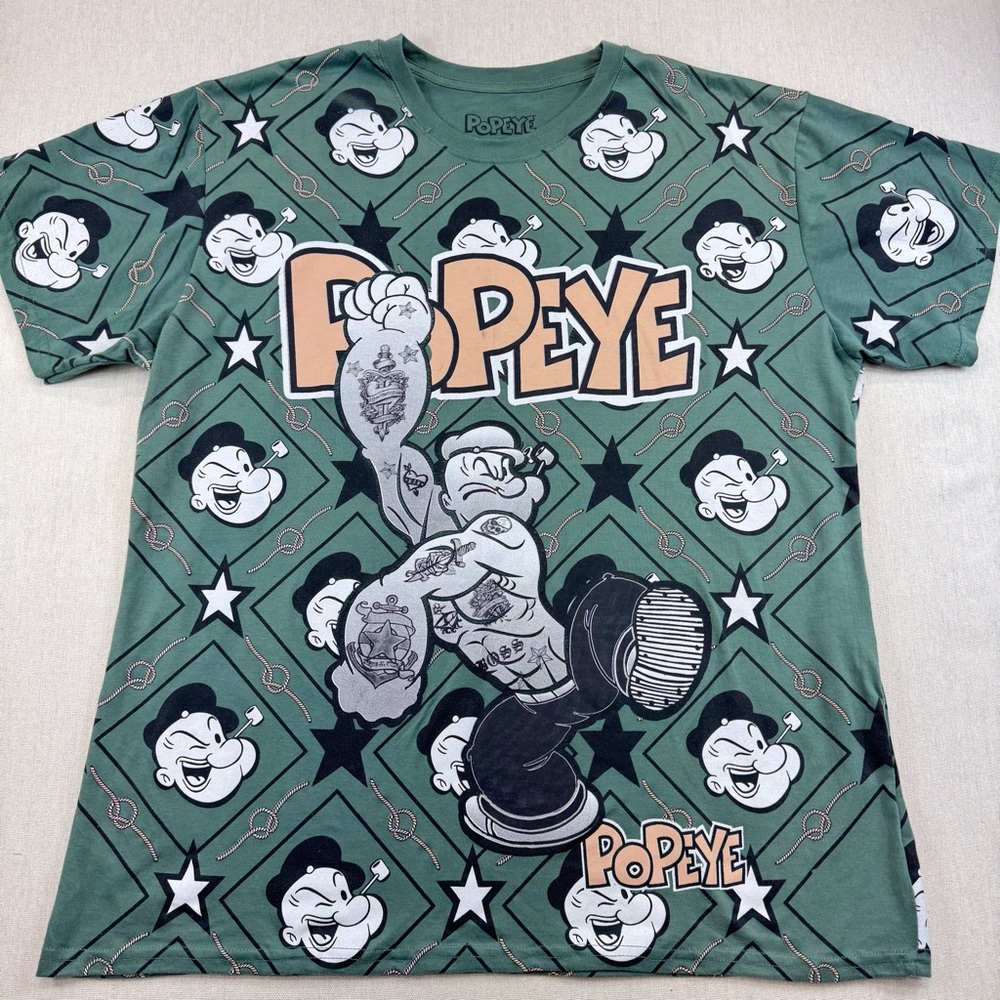 Popeye Graphic T-Shirt Men’s 2XL Green All Over Print Cartoon Tee Short Sleeve